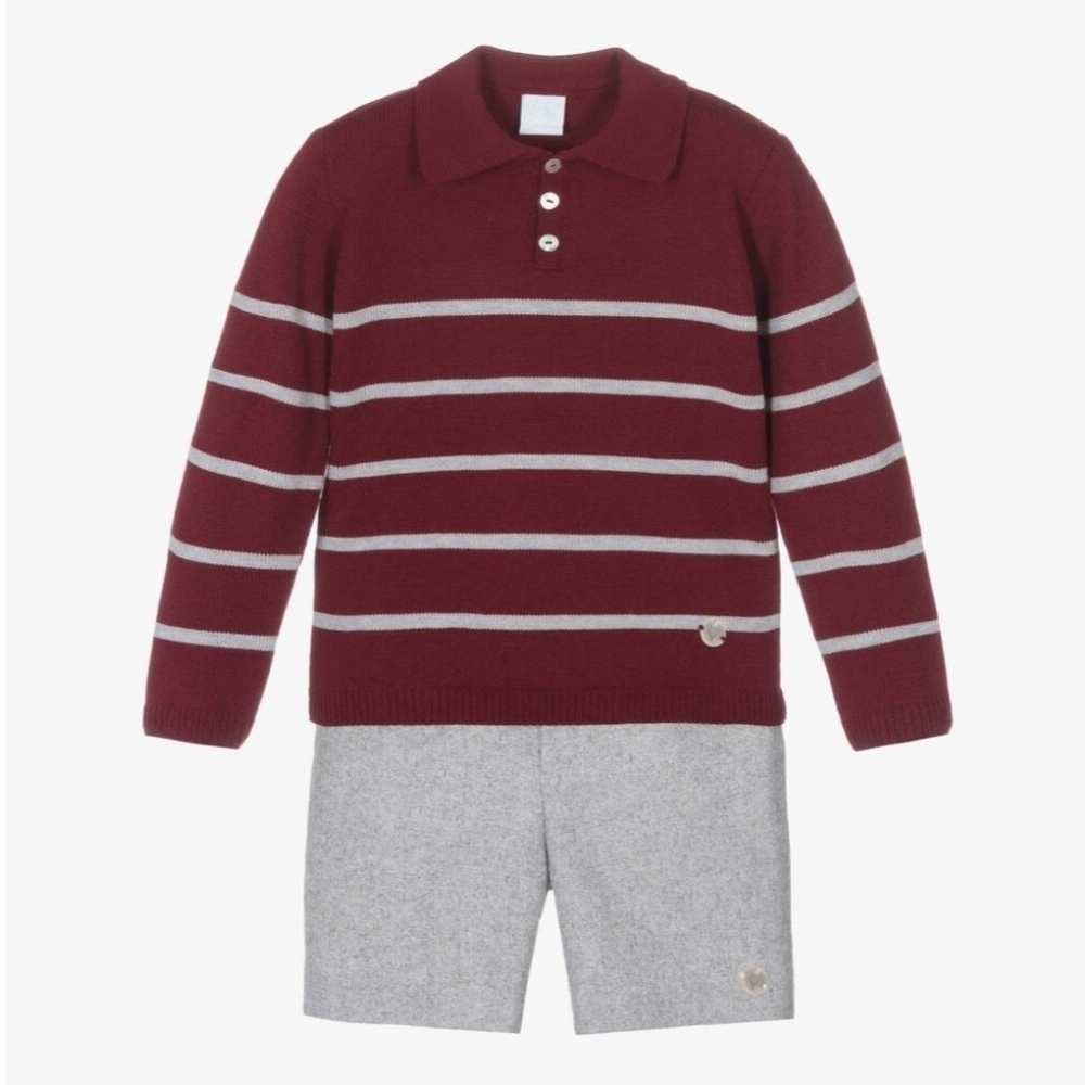 Artesania Granlei Boys' Maroon and Gray Striped Sweater And Shorts Set